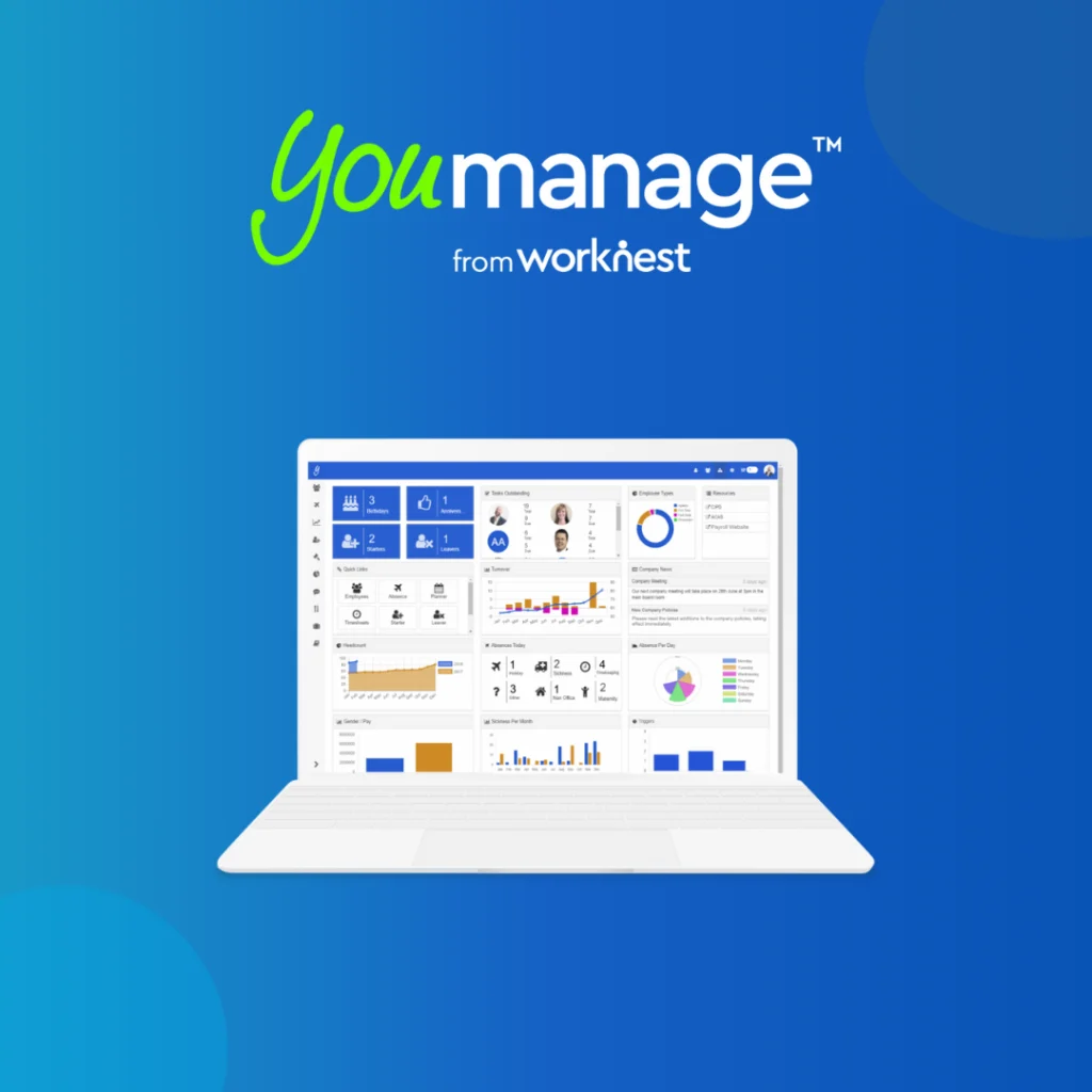 Youmanage from WorkNest logo above a laptop showing its HR dashboard