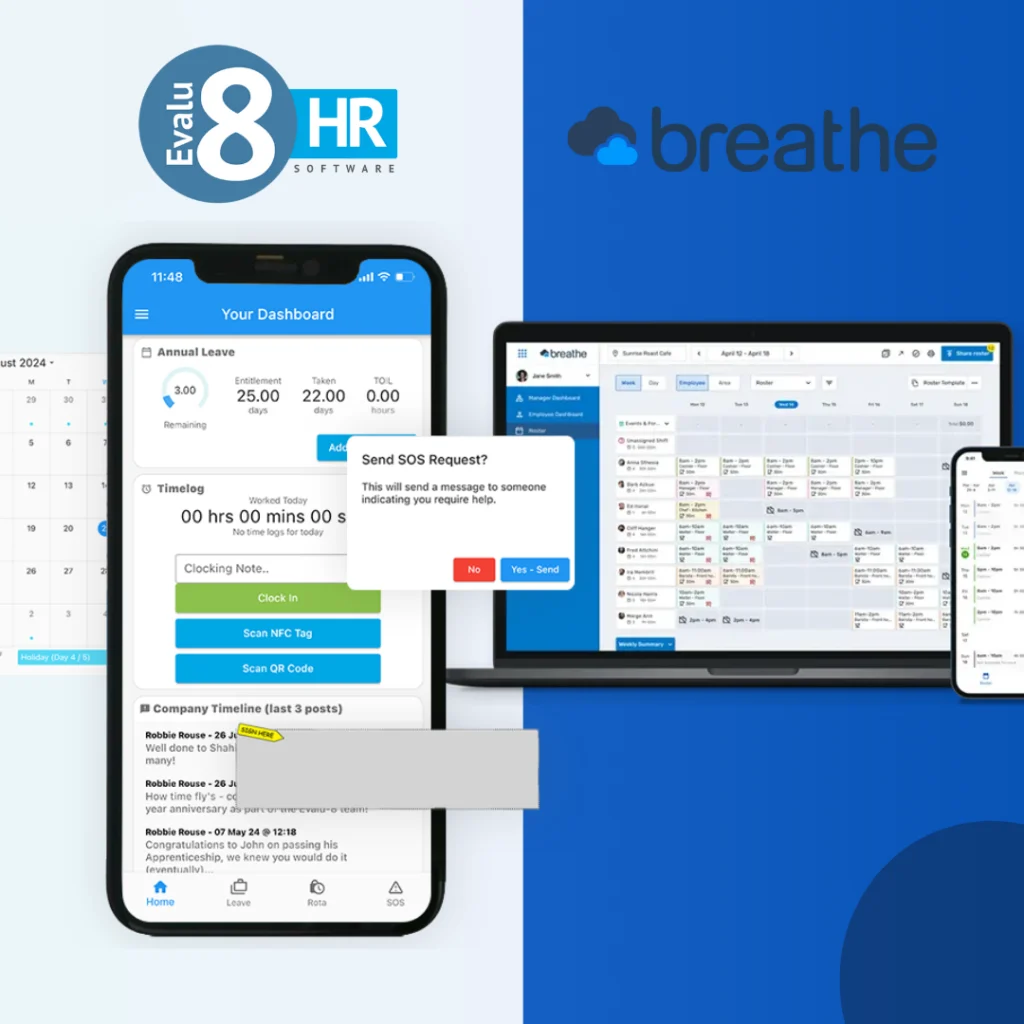 Evalu-8 HR mobile dashboard beside Breathe's rota on a laptop