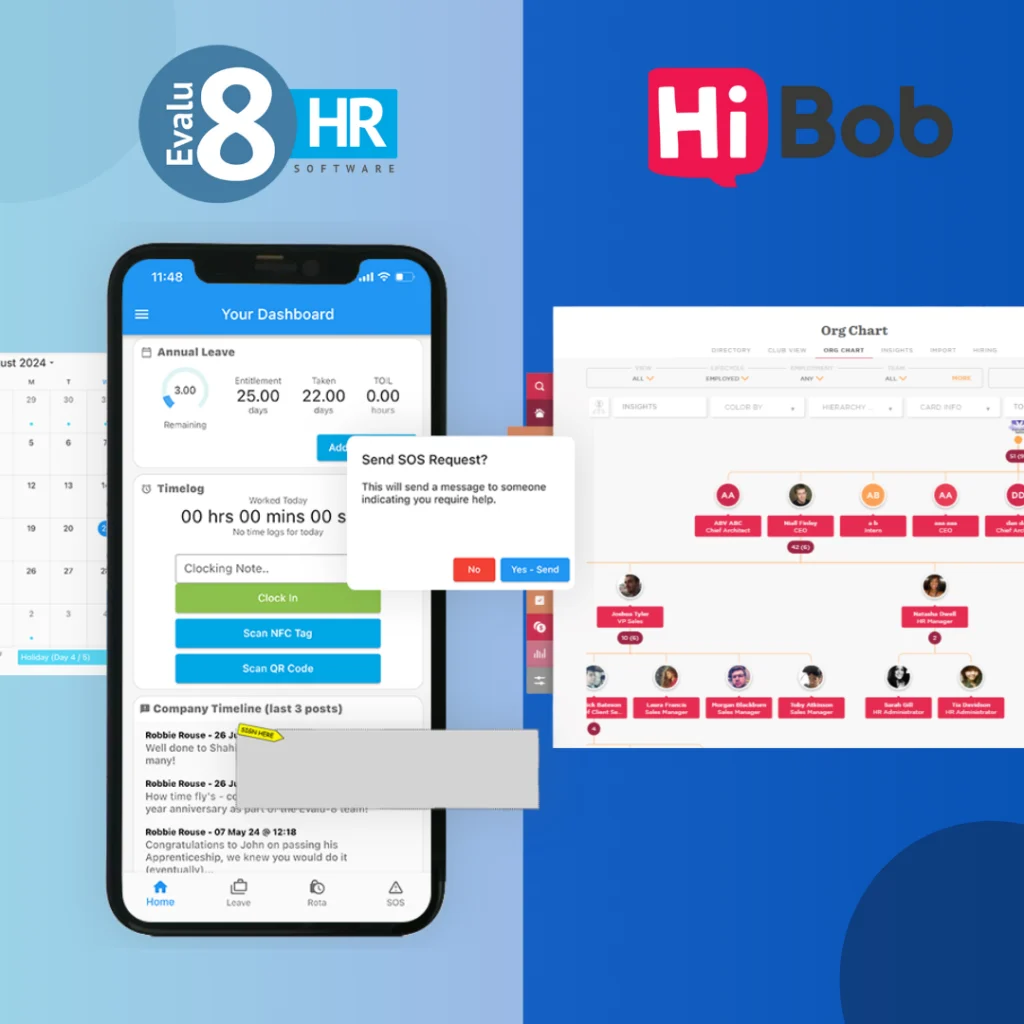 Evalu-8 HR mobile dashboard beside HiBob's org chart