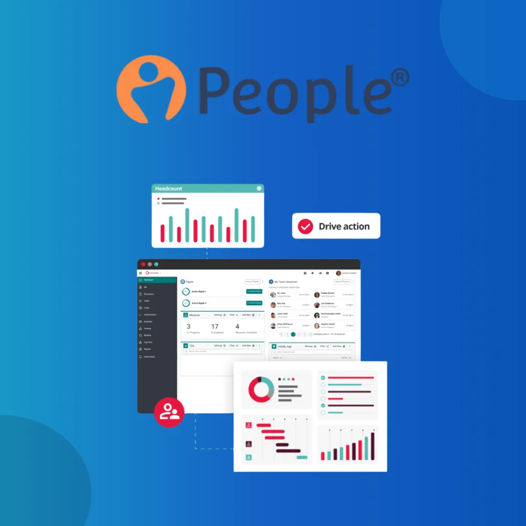 PeopleHR logo above headcount charts and an HR dashboard