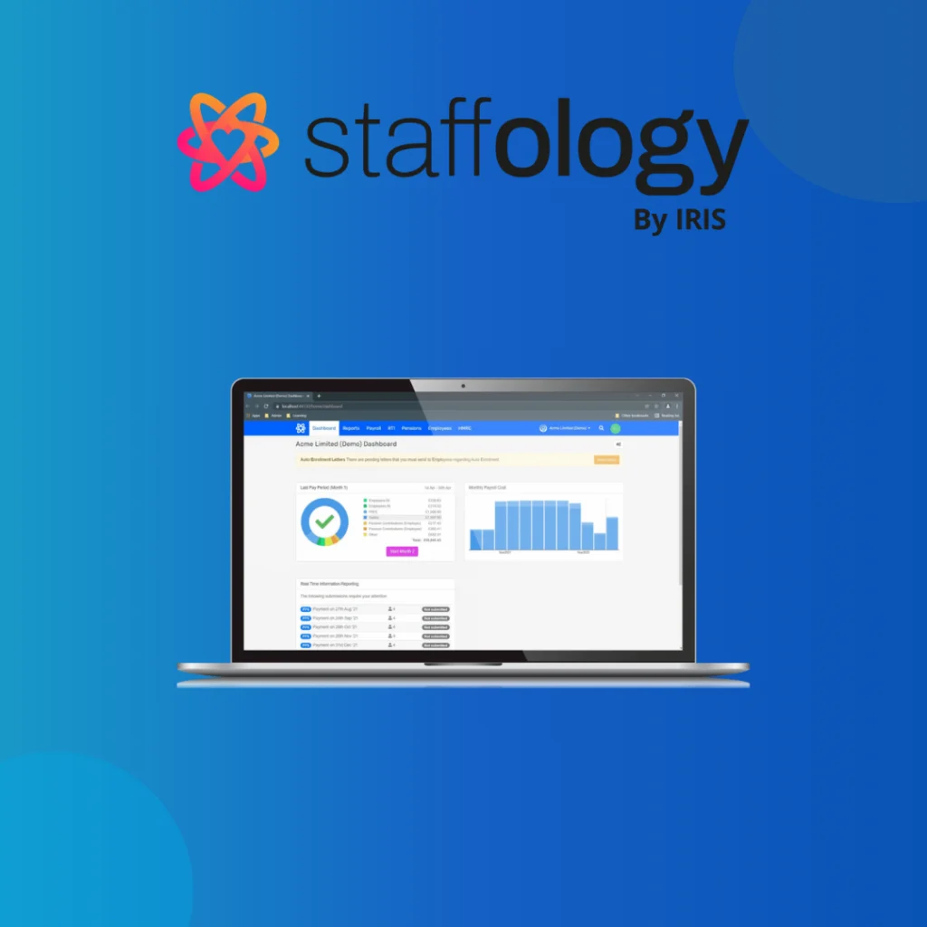 Staffology HR by IRIS logo above a laptop showing its dashboard