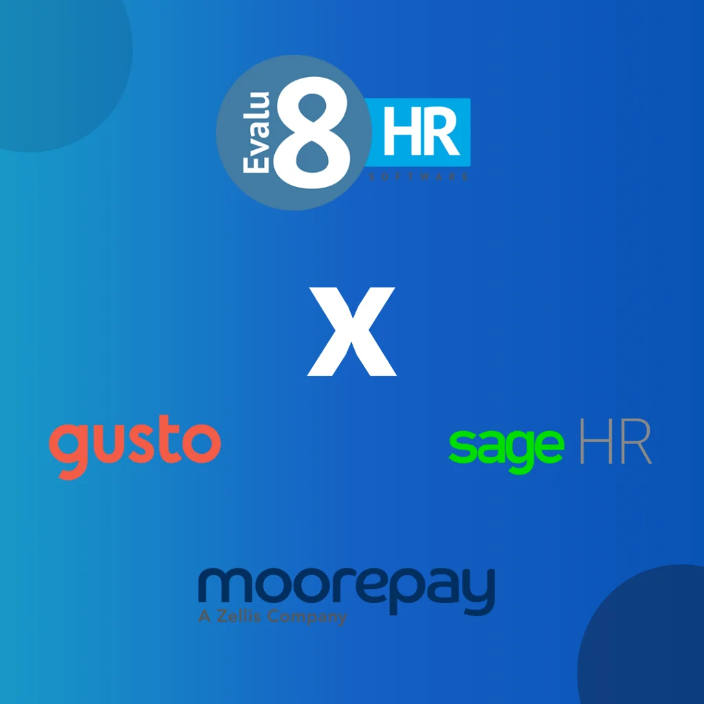 Evalu-8 HR versus Gusto, Sage HR and Moorepay logos