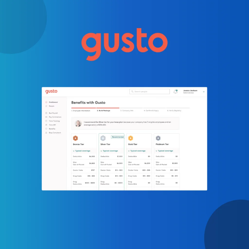 Gusto logo above its benefits plan comparison screen