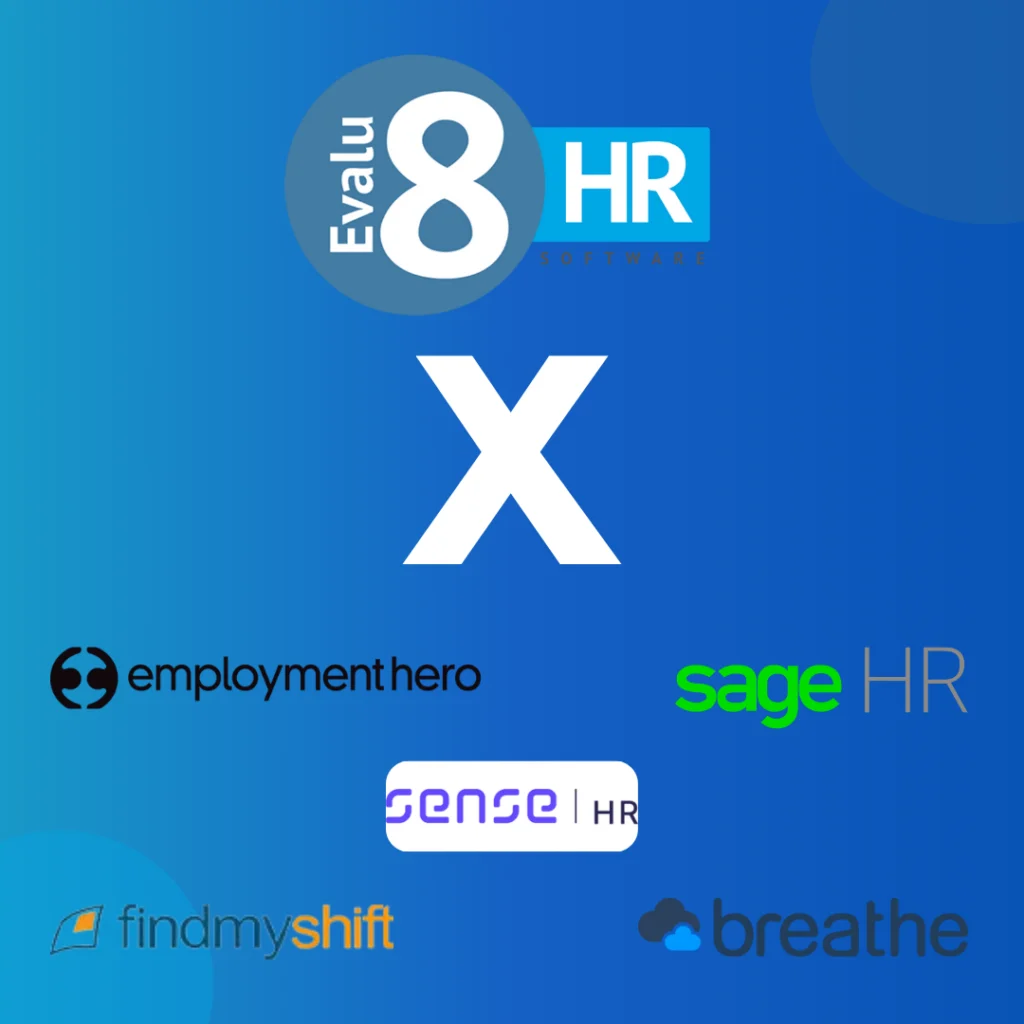 Evalu-8 HR versus Employment Hero, Sage HR, SenseHR, Findmyshift and Breathe logos
