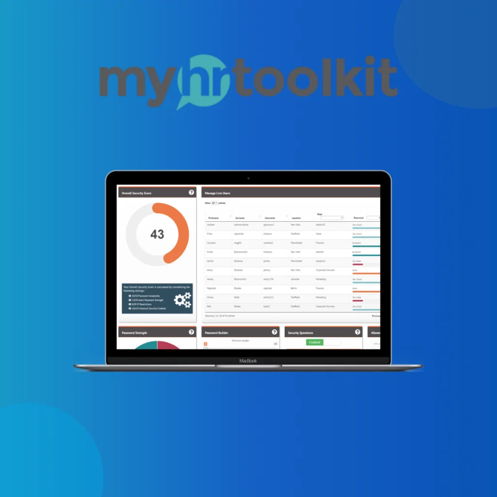 MyHRToolkit logo above a laptop showing a security score and user list