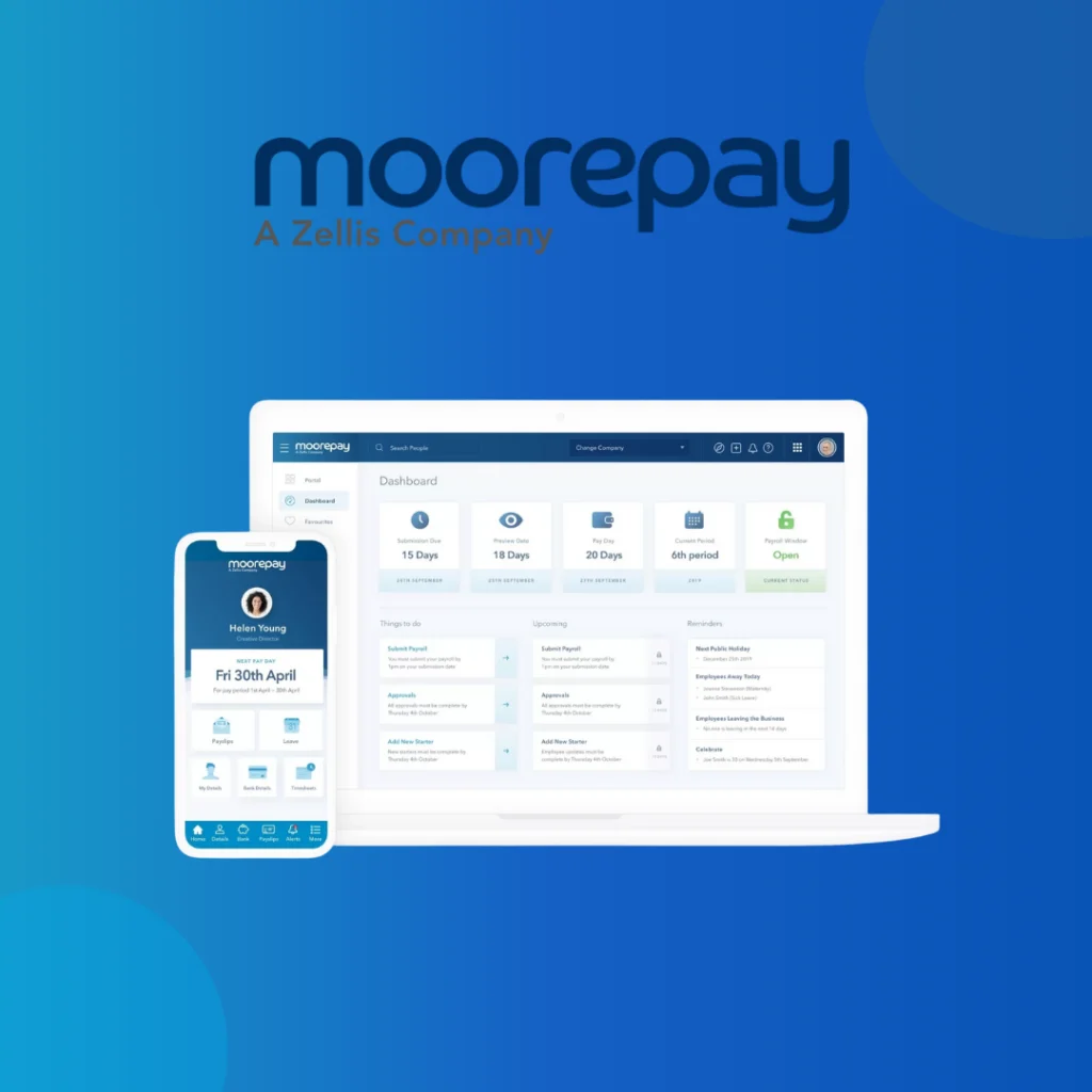 Moorepay logo above its dashboard on a laptop and phone