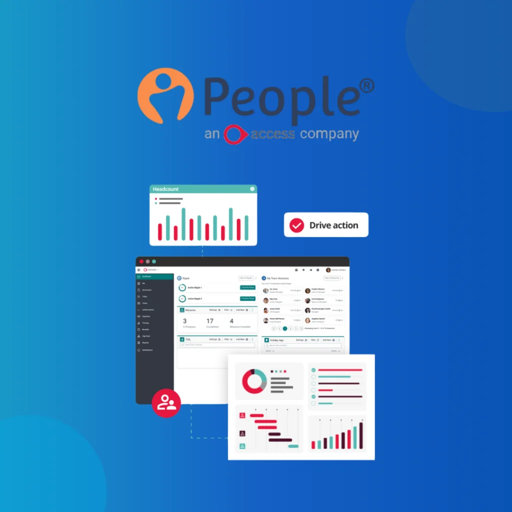 PeopleHR, an Access company, logo above headcount charts and an HR dashboard