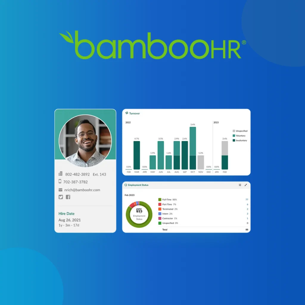 BambooHR logo above an employee profile, headcount chart and employment status chart