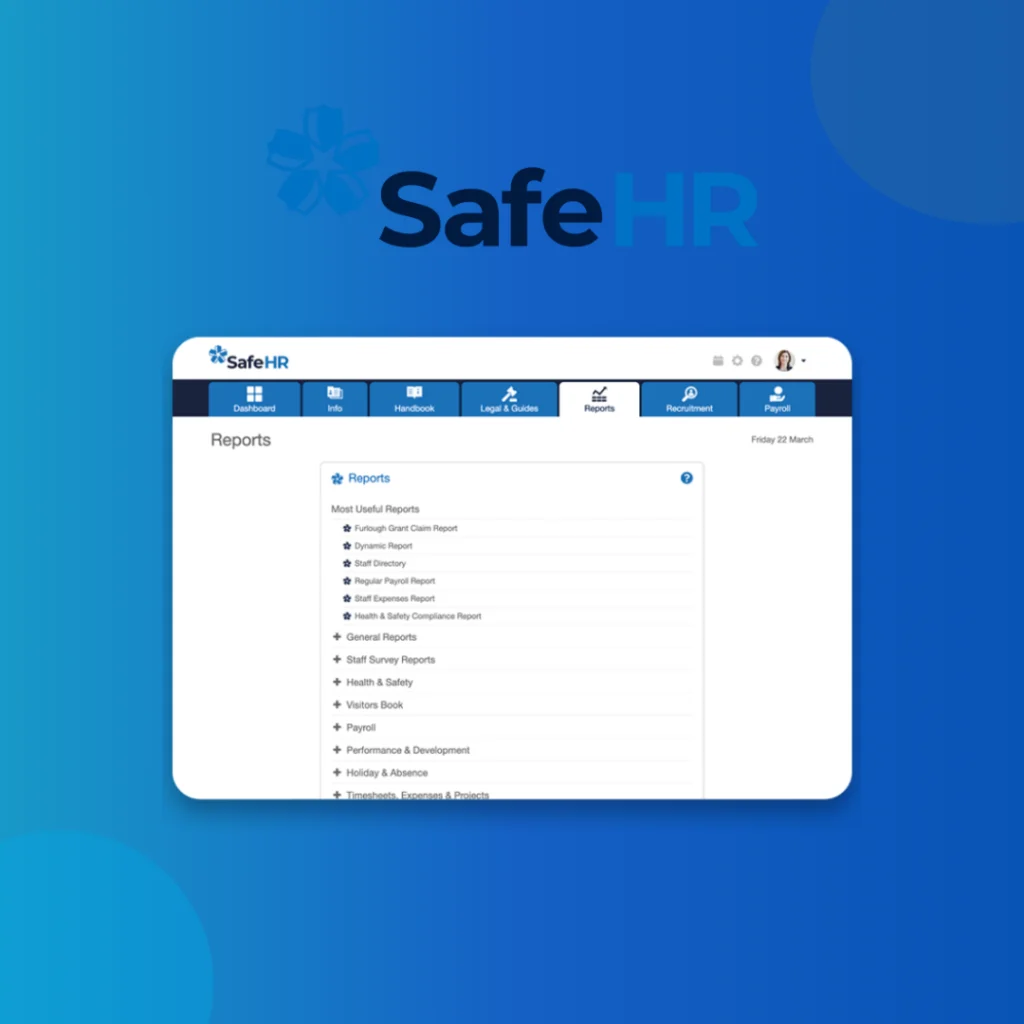 SafeHR logo above its reports screen