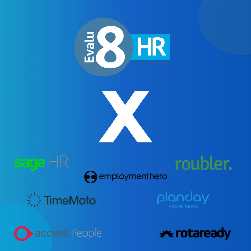 Evalu-8 HR versus Sage HR, Roubler, Employment Hero, TimeMoto, Planday, Access People and Rotaready logos