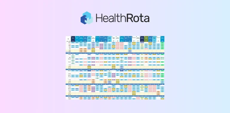 HealthRota logo above a colour-coded staff rota grid