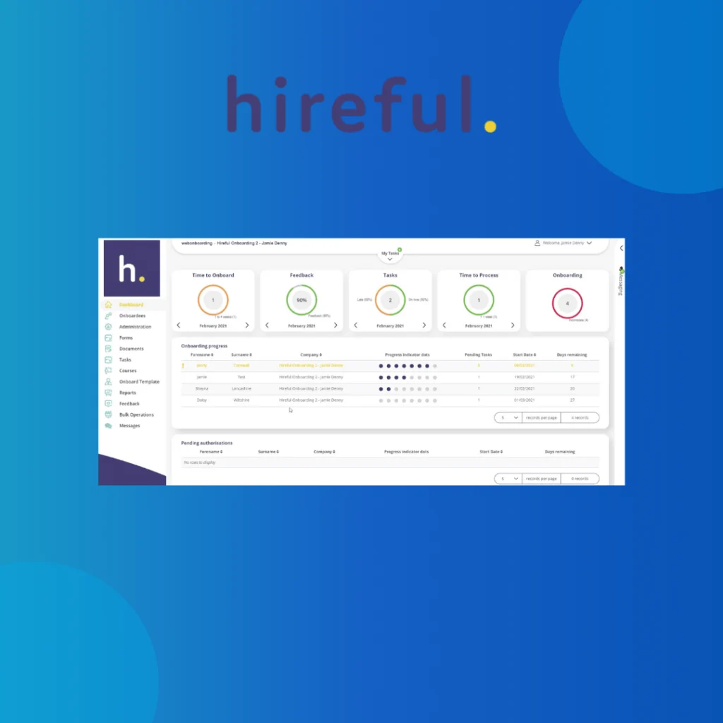 Hireful logo above its onboarding dashboard