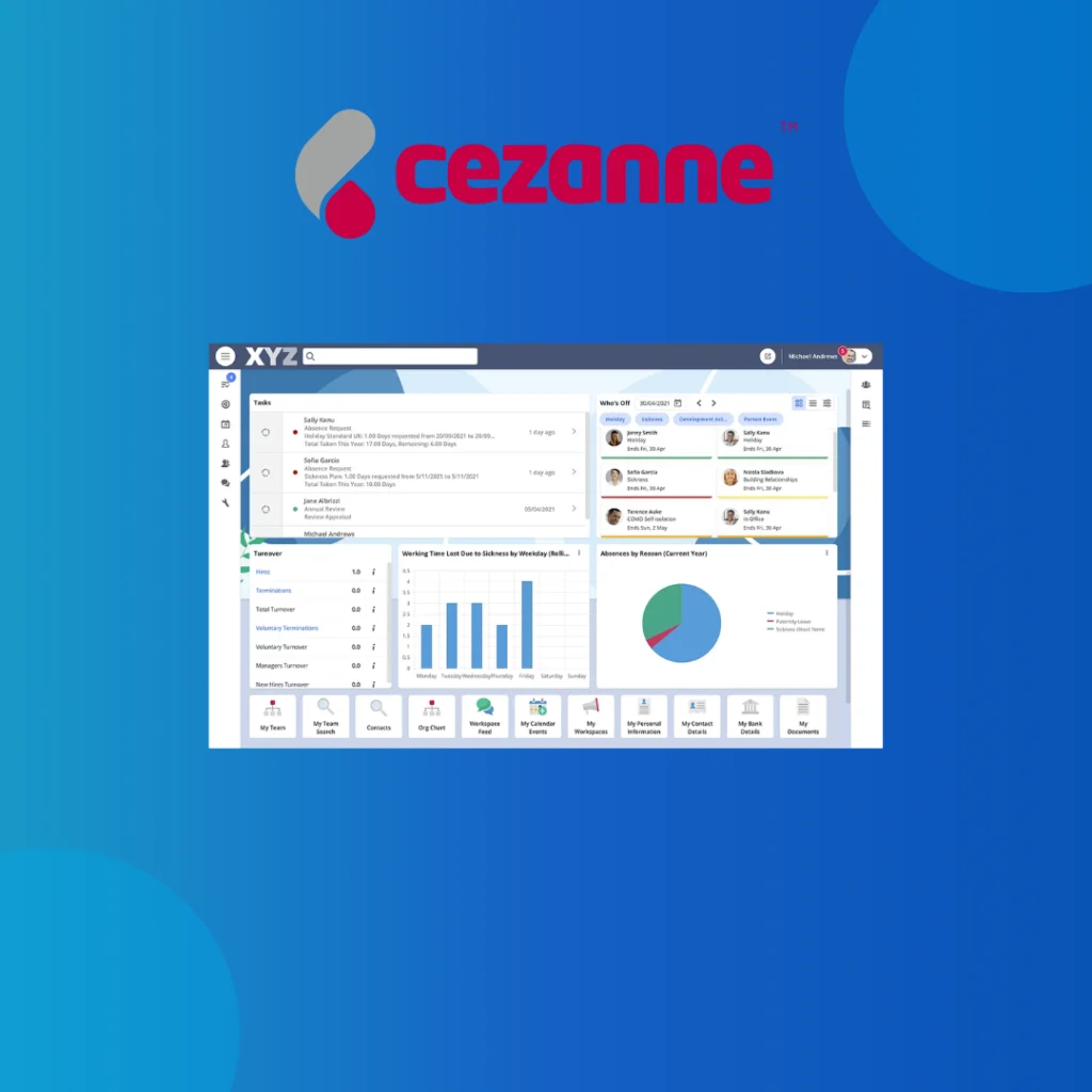 Cezanne HR logo above its HR dashboard