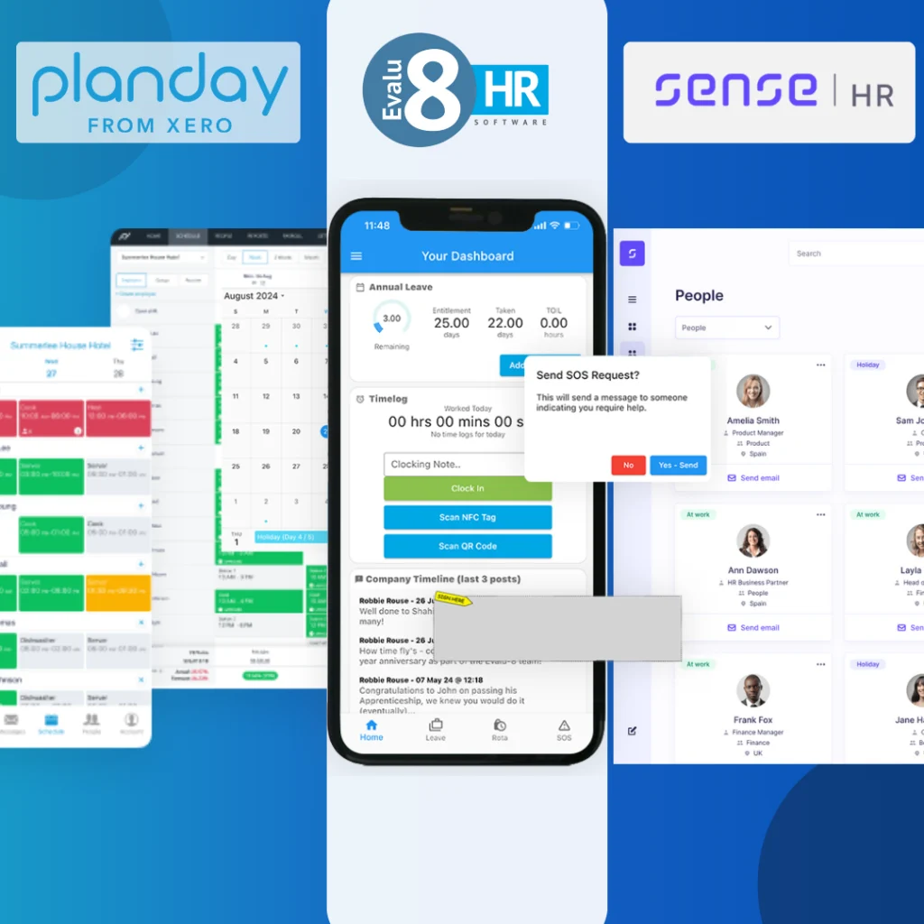 Planday, Evalu-8 HR and SenseHR logos above their mobile and desktop screens
