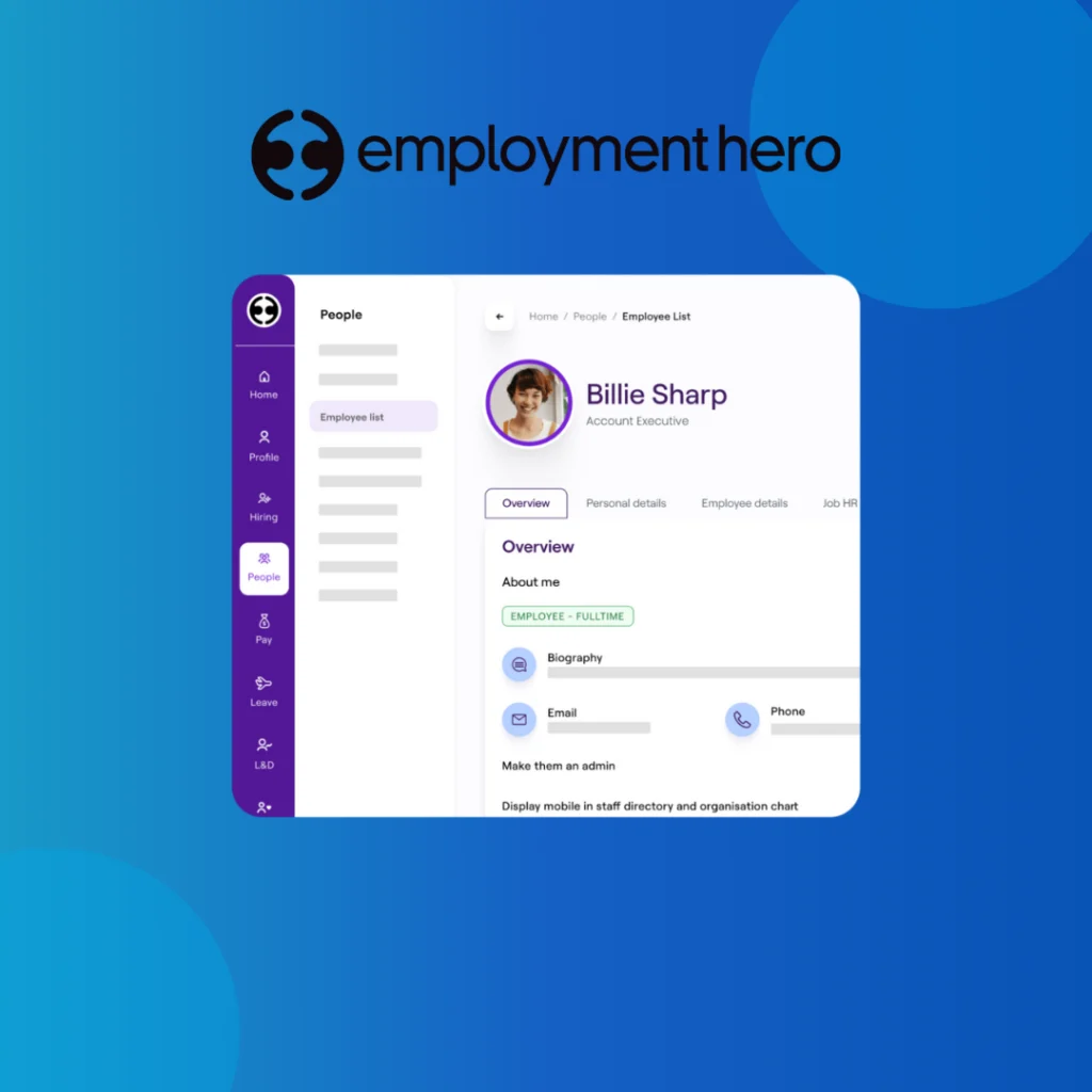 Employment Hero logo above an employee profile page
