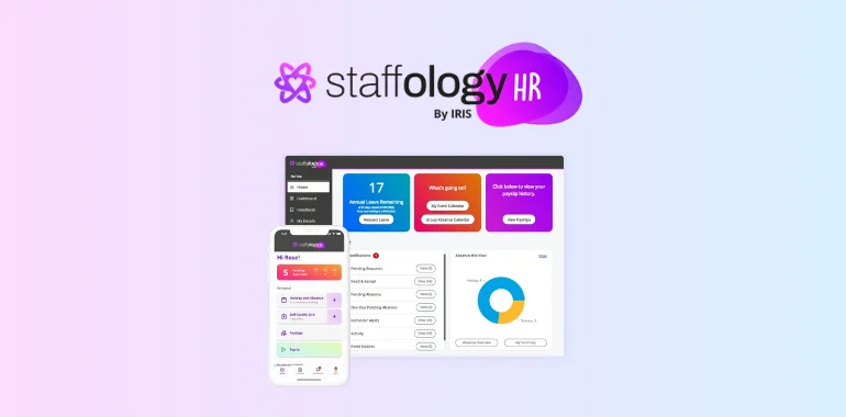 Staffology HR by IRIS logo above its leave dashboard on a laptop and phone