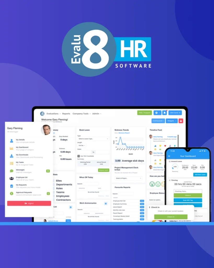 Evalu-8 HR logo above its employee dashboard on a laptop and phone