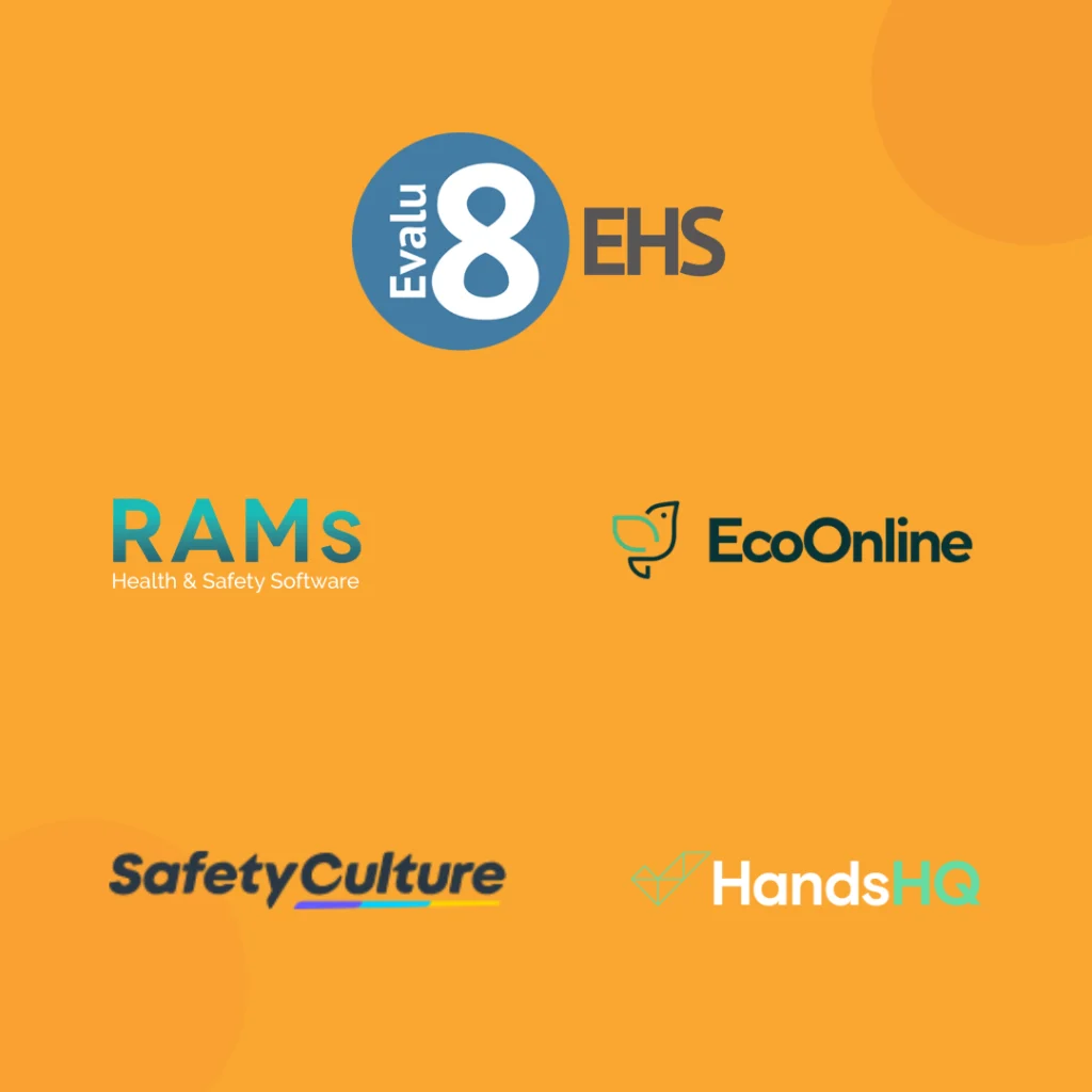Evalu-8 EHS logo above RAMs App, EcoOnline, SafetyCulture and HandsHQ logos