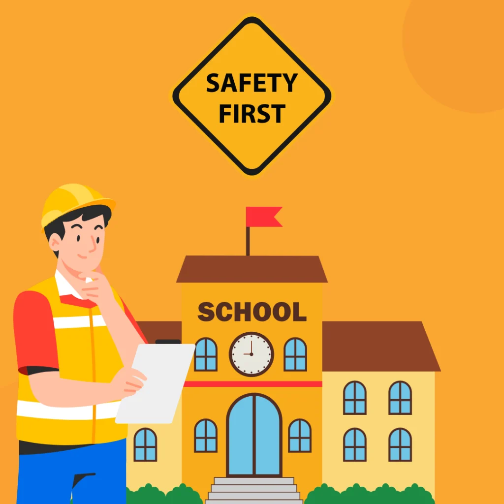 Illustration of a safety officer with a clipboard outside a school under a Safety First sign