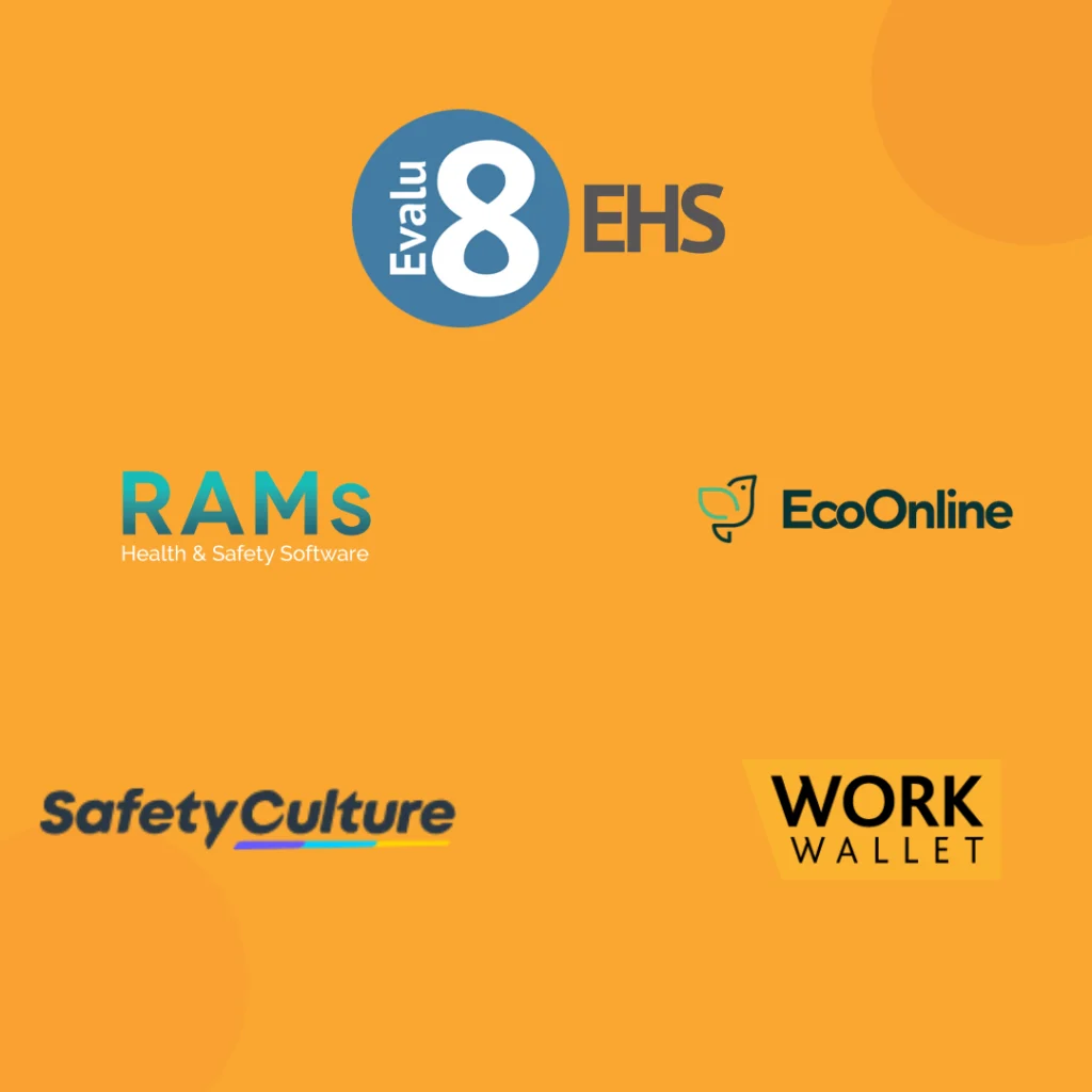 Evalu-8 EHS logo above RAMs App, EcoOnline, SafetyCulture and Work Wallet logos