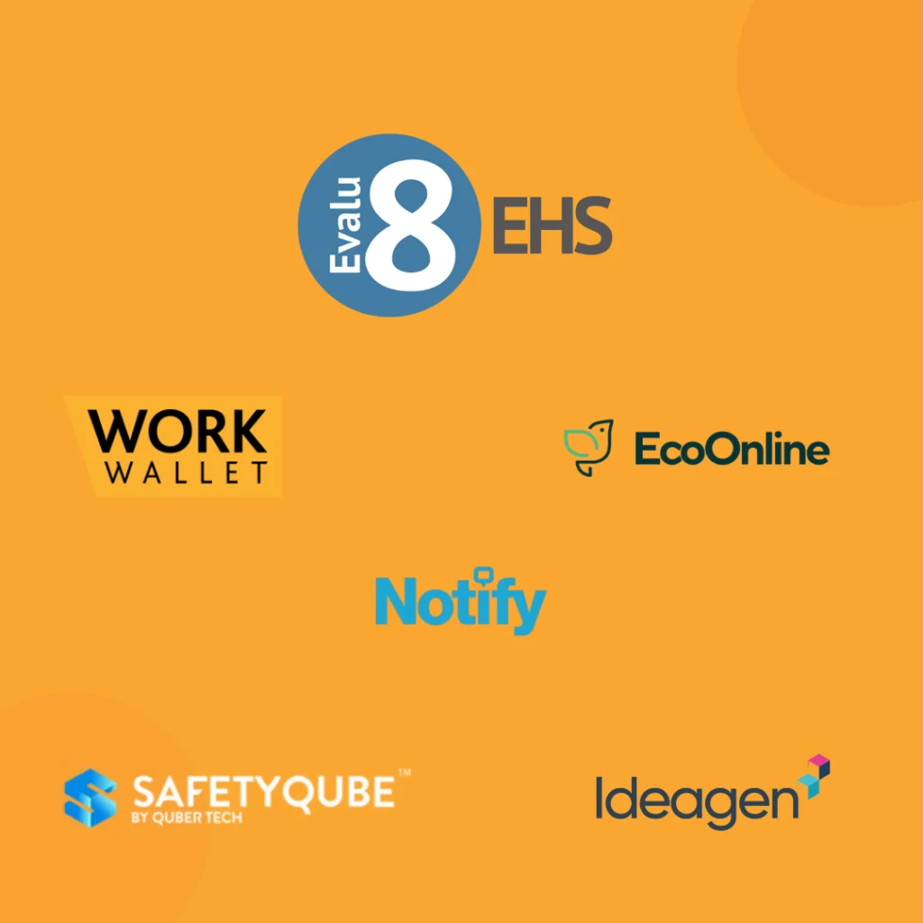 Evalu-8 EHS logo and competitors logos such as work wallet, Ideagen, EcoOnline, Safety Qube and notify.