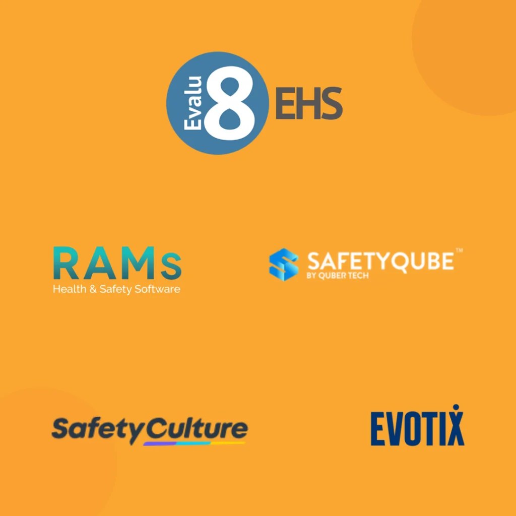 Evalu-8 EHS logo above RAMs App, SafetyQube, SafetyCulture and Evotix logos