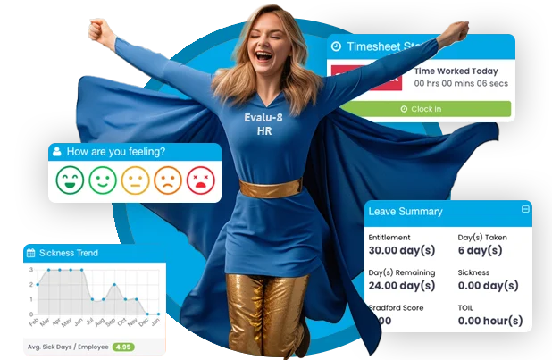 Woman in a blue Evalu-8 HR superhero cape surrounded by timesheet, mood check, leave summary and sickness trend widgets