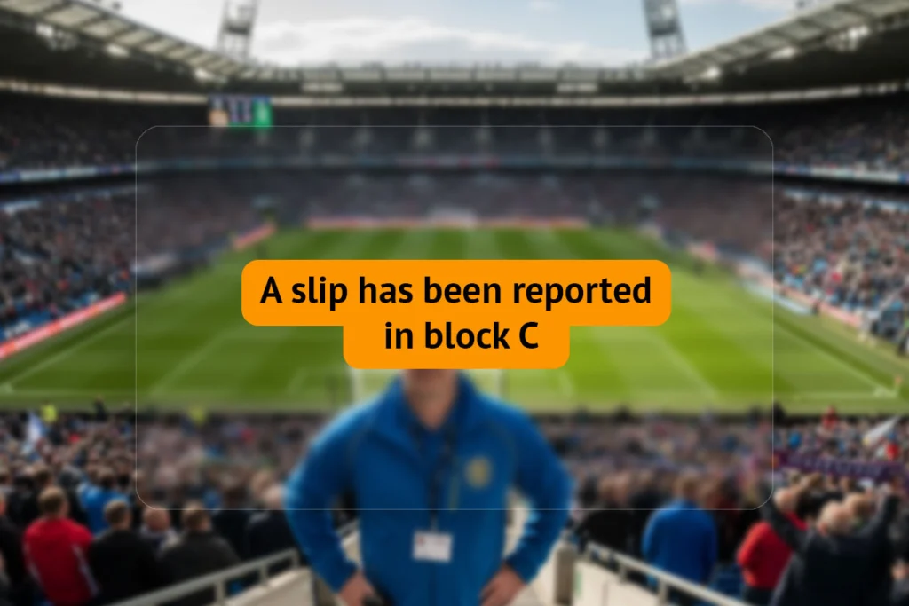 Steward in a stadium with an alert: a slip has been reported in block C
