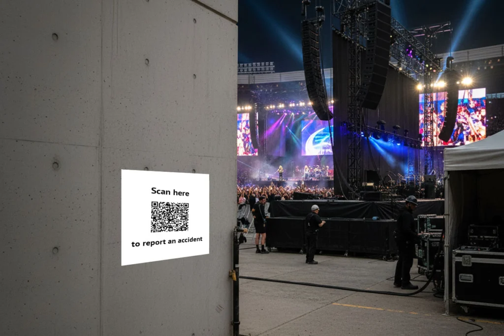 Scan here to report an accident QR code poster on a wall backstage at a concert