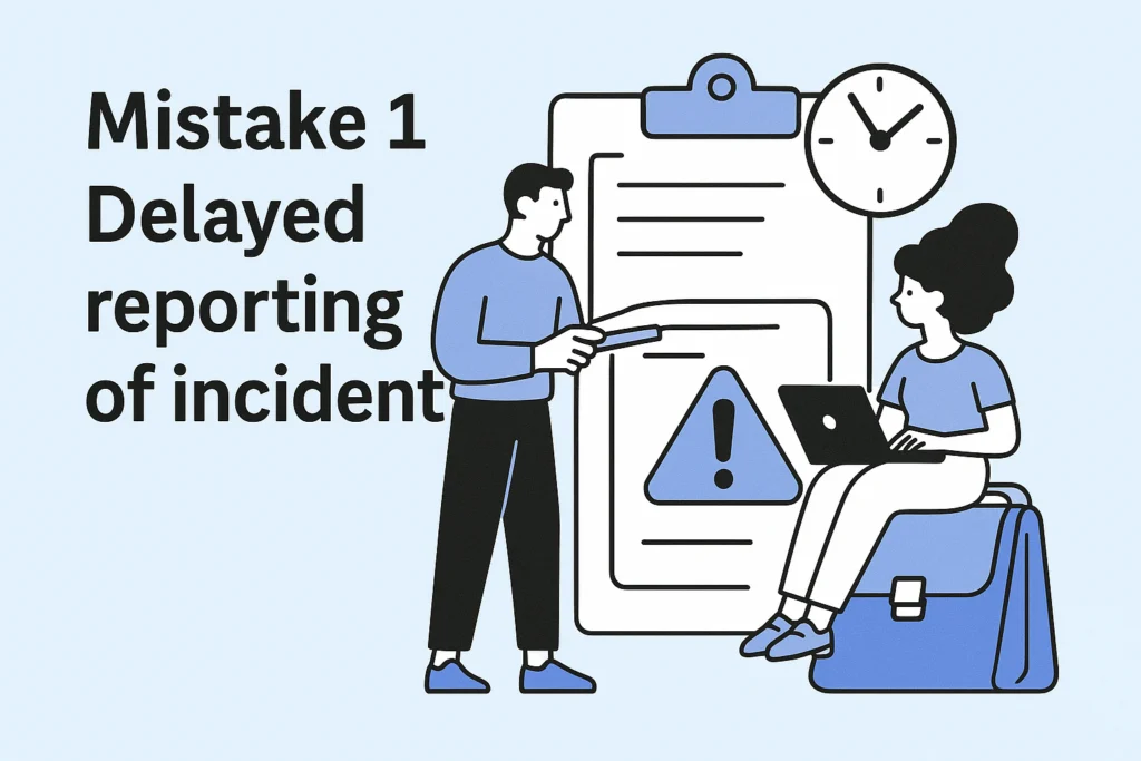 Illustration: Mistake 1, delayed reporting of incidents, with a clipboard, clock and warning sign