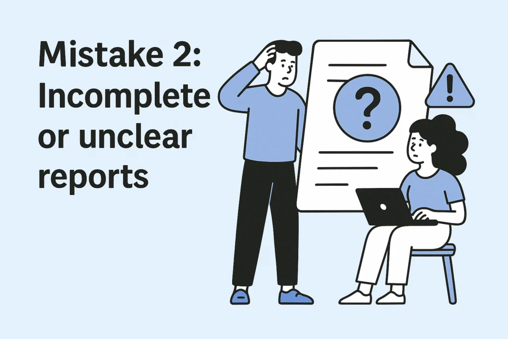 Illustration: Mistake 2, incomplete or unclear reports, with a puzzled man beside a report marked with a question mark