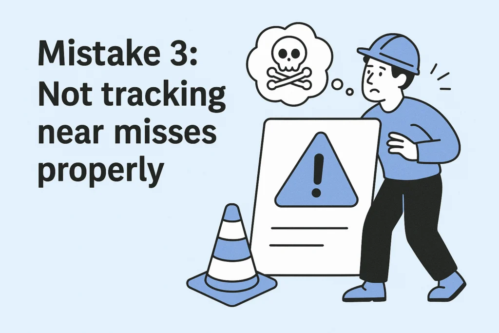 Illustration: Mistake 3, not tracking near misses properly, with a worried worker, a traffic cone and a warning sign