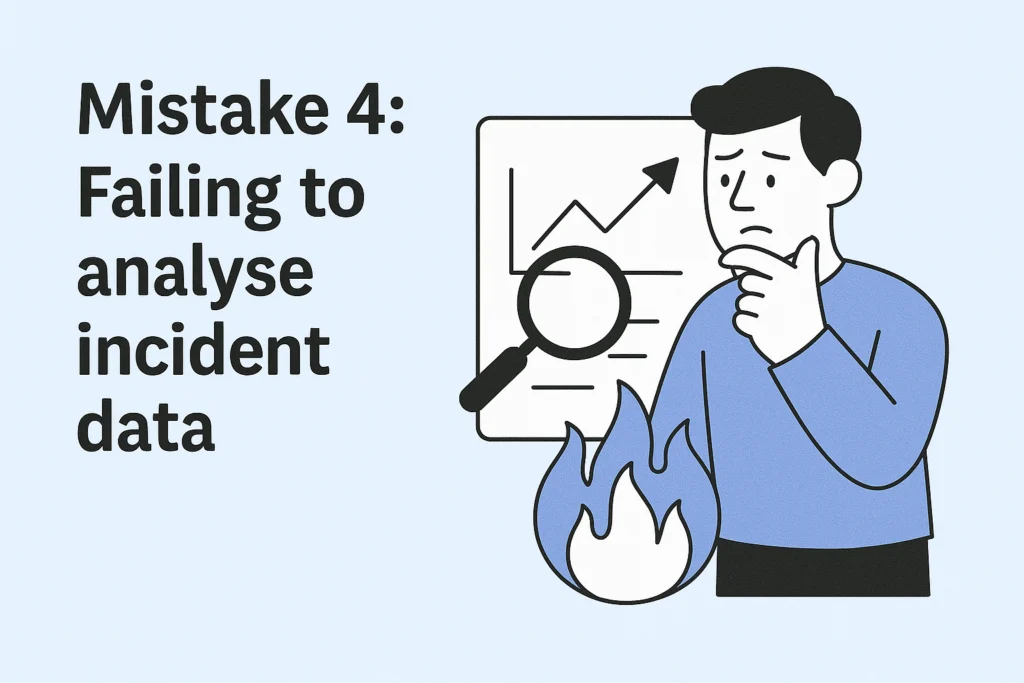 Illustration: Mistake 4, failing to analyse incident data, with a man studying a chart through a magnifying glass