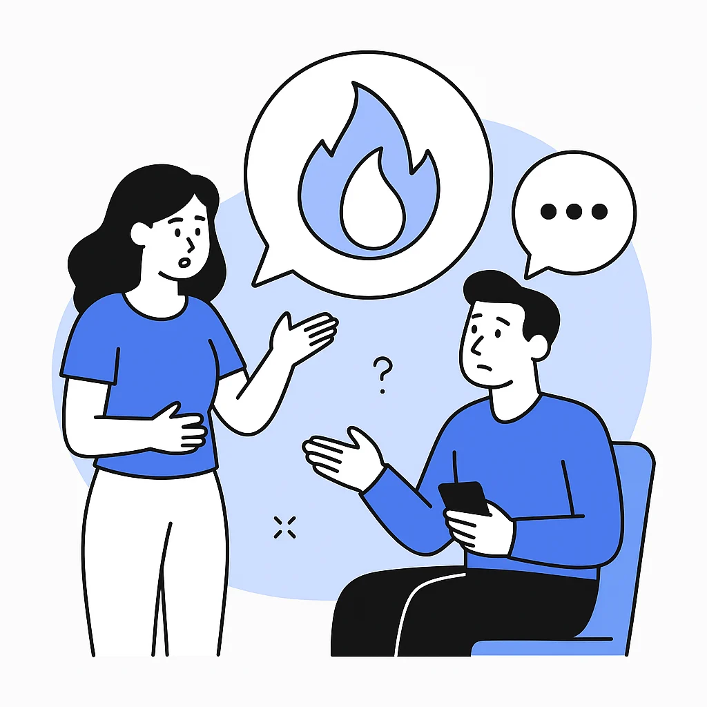 Illustration: Mistake 5, poor communication after incidents, with two colleagues talking at cross purposes