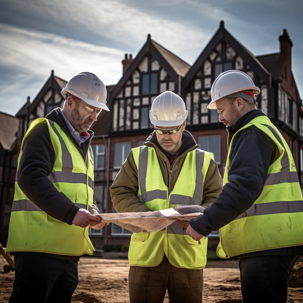 AI-generated image of three builders in hard hats studying plans on site