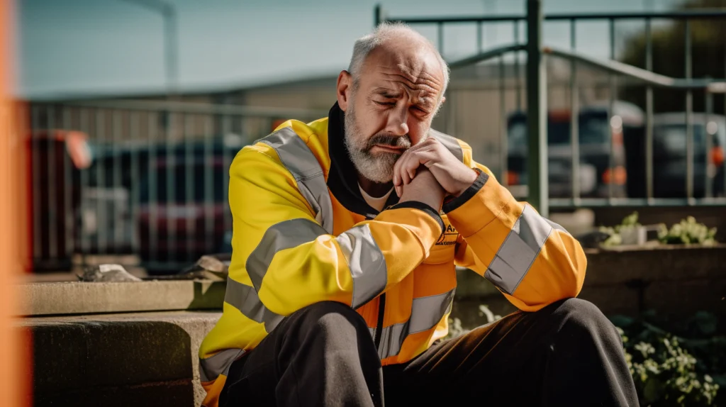AI-generated image of a worried worker in a hi-vis jacket sitting with his head in his hands