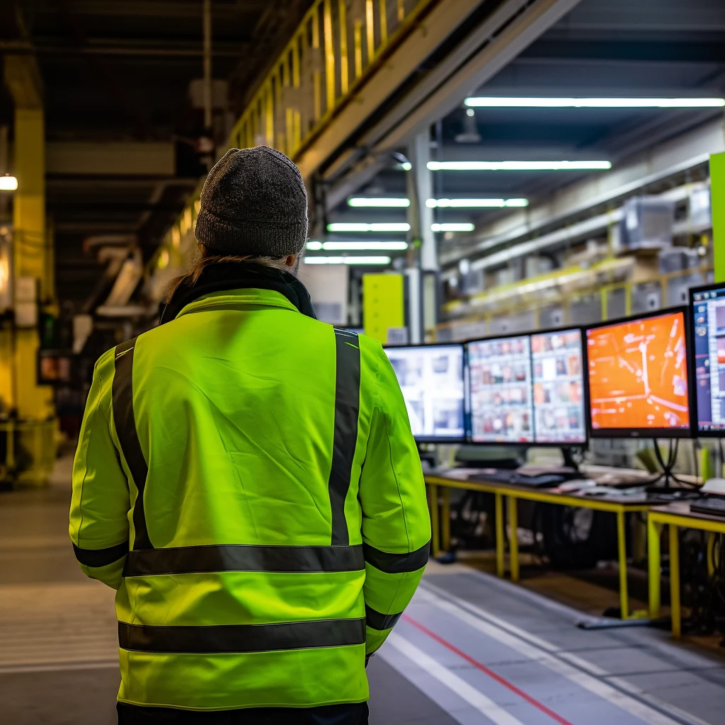 AI-generated image of a worker in a hi-vis jacket facing a bank of monitors in a factory control room