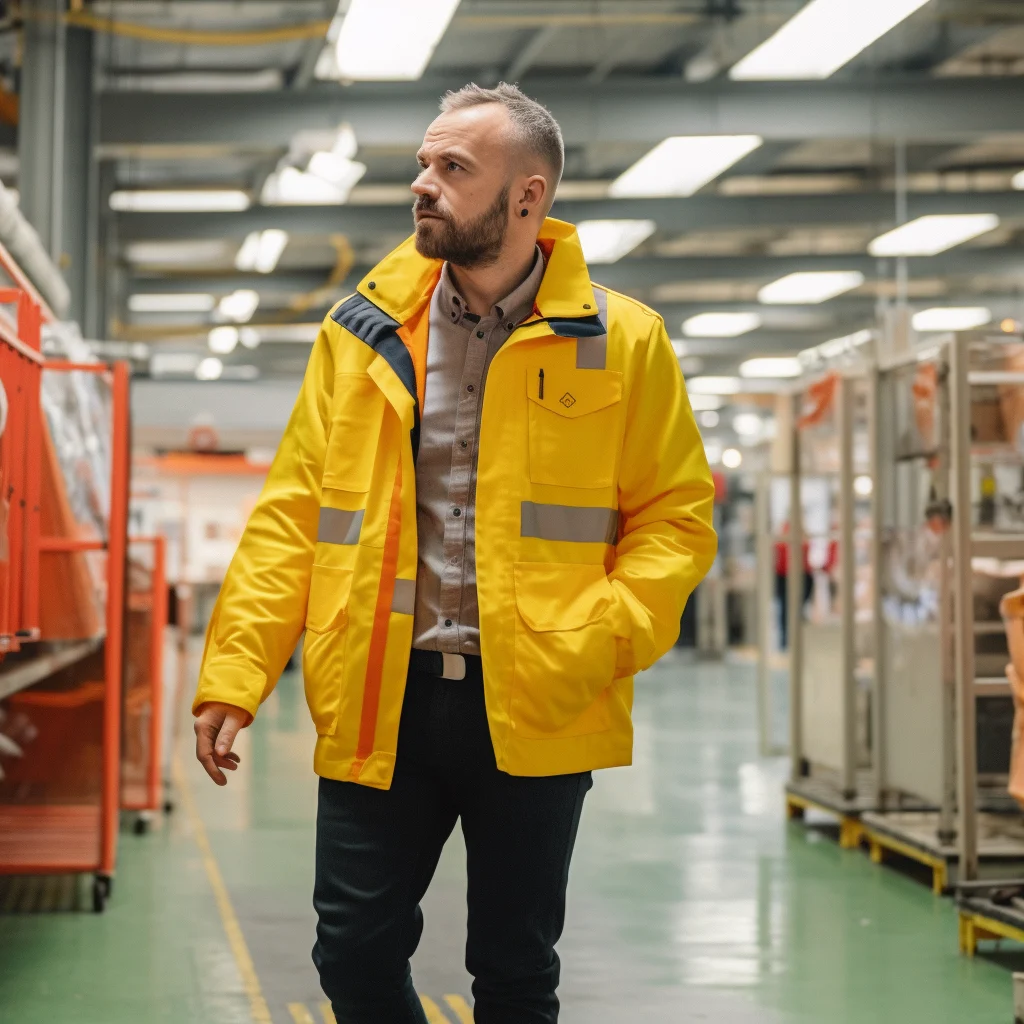 AI-generated image of a manager in a yellow hi-vis jacket walking through a factory