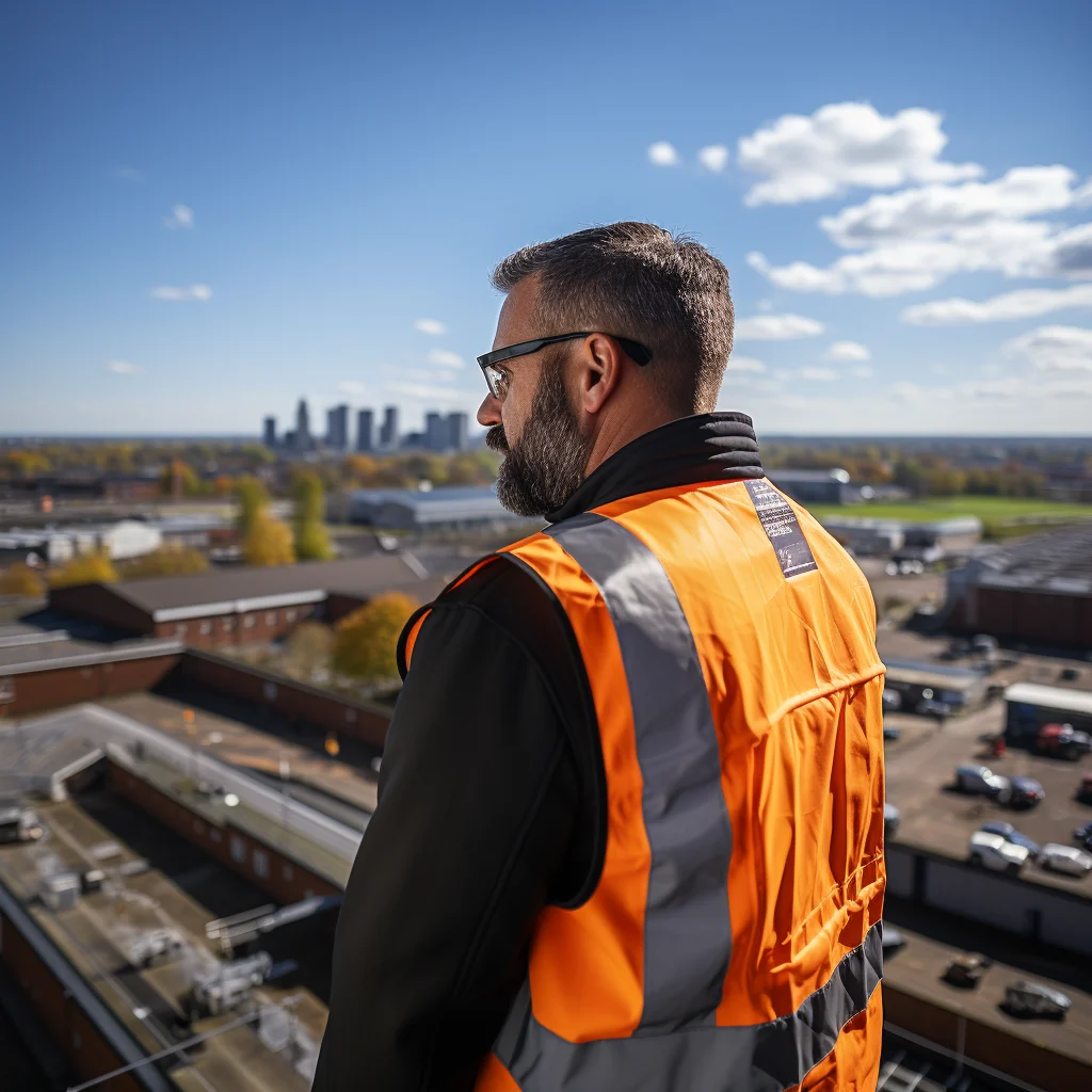 AI-generated image of a site manager in an orange hi-vis vest looking over a city from a rooftop