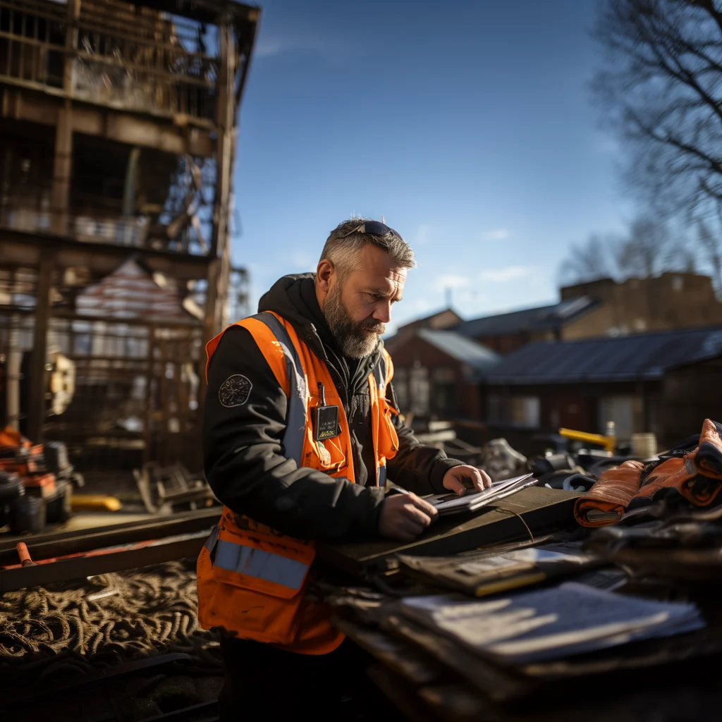 AI-generated image of a site manager in hi-vis reviewing papers on a construction site