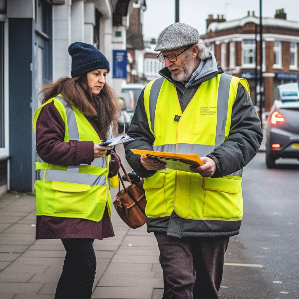 AI-generated image of two people in hi-vis vests reviewing papers on a high street