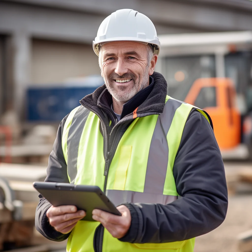 Smiling site worker in a hard hat and hi-vis holding a tablet