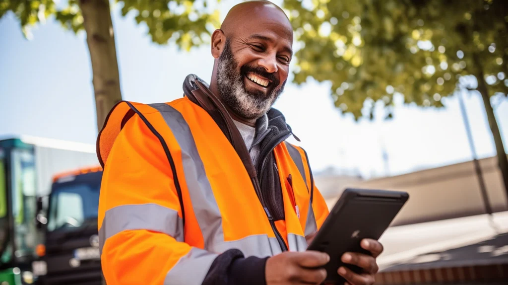 AI-generated image of a smiling worker in an orange hi-vis jacket using a tablet