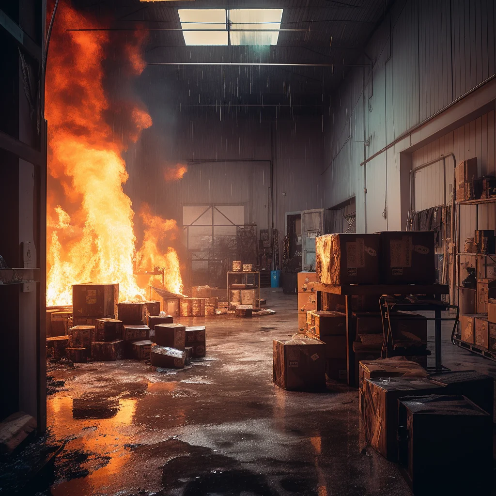 AI-generated image of a fire among stacked boxes in a warehouse