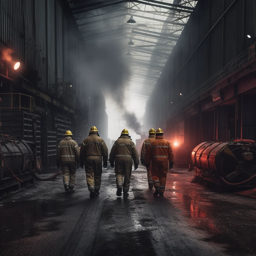 AI-generated image of workers in hard hats walking through a smoky steel plant