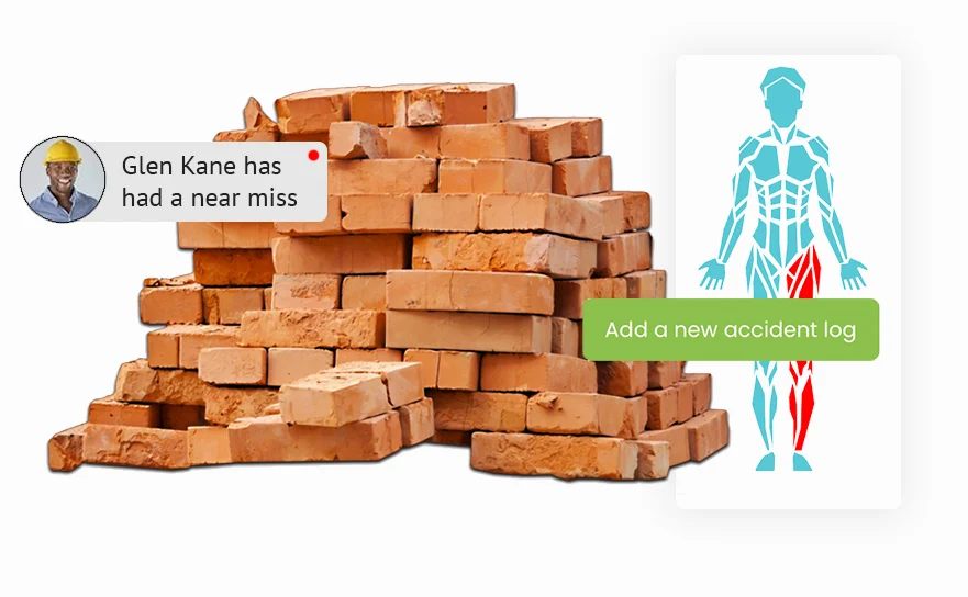 Evalu-8 near-miss alert for Glen Kane beside a pile of bricks and an Add a new accident log body map