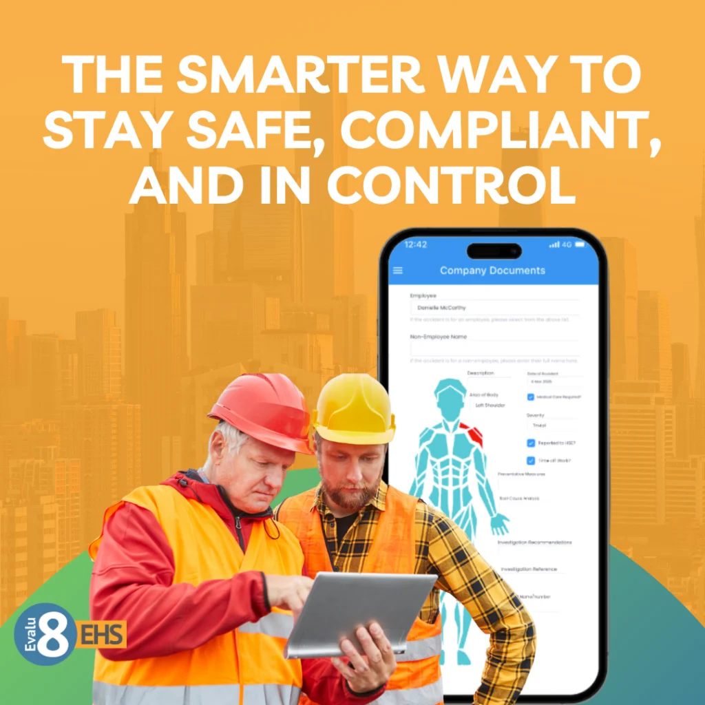 Two site workers looking at a tablet beside a phone showing company documents: the smarter way to stay safe, compliant and in control