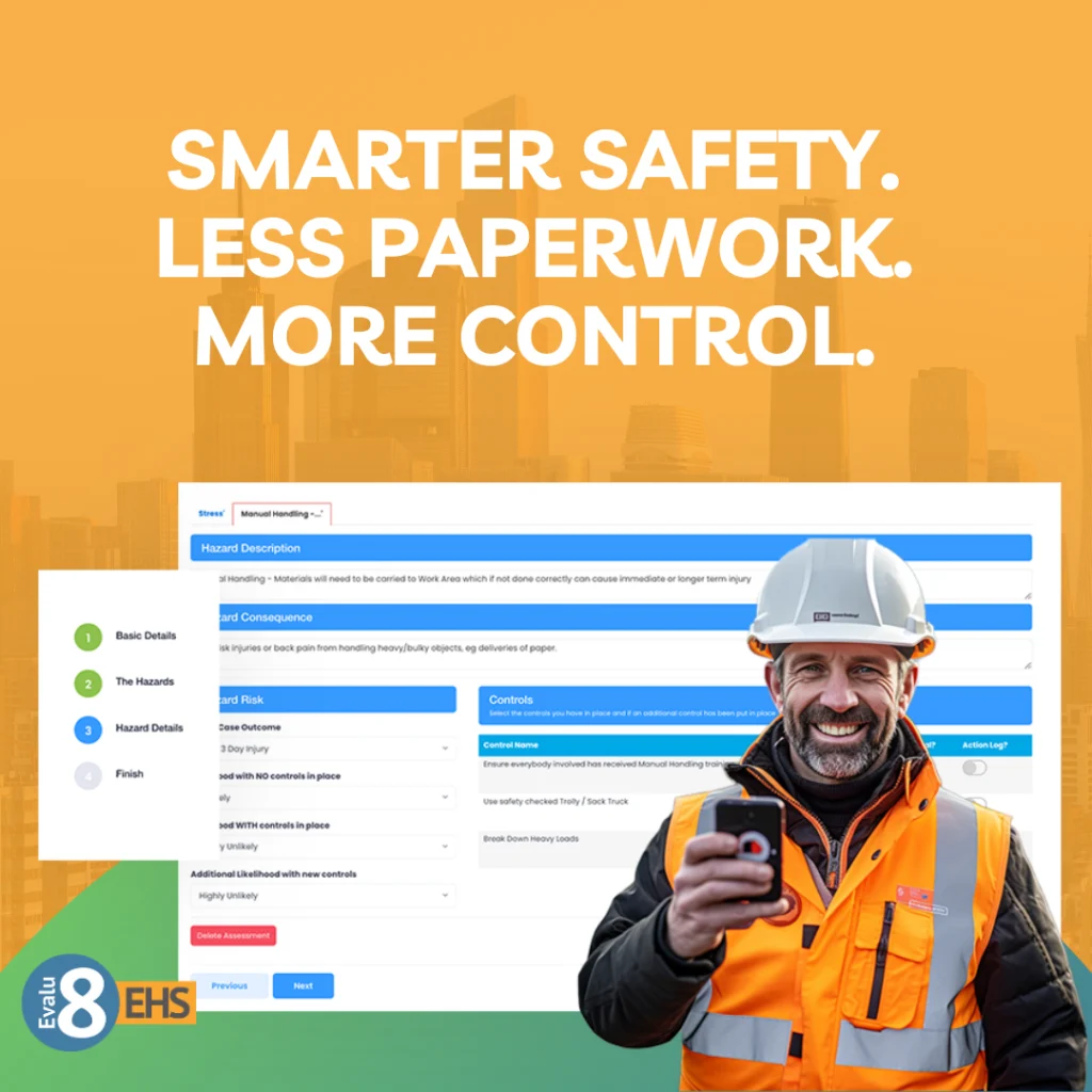 Smiling site worker with a phone beside an Evalu-8 risk assessment: smarter safety, less paperwork, more control