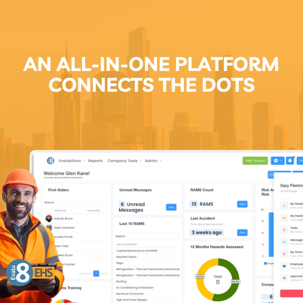 Site worker beside the Evalu-8 EHS dashboard: an all-in-one platform connects the dots