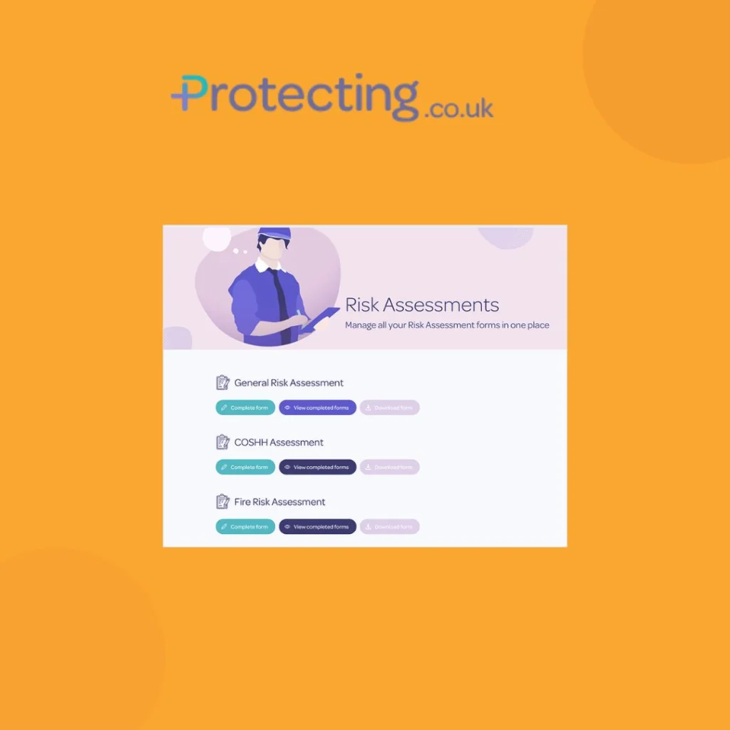 Protecting logo above its risk assessments screen for general, COSHH and fire risk assessments